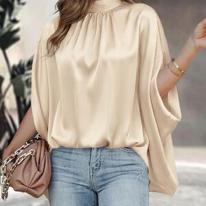 Satin Gathered-Neck Dolman Blouse in Champagne